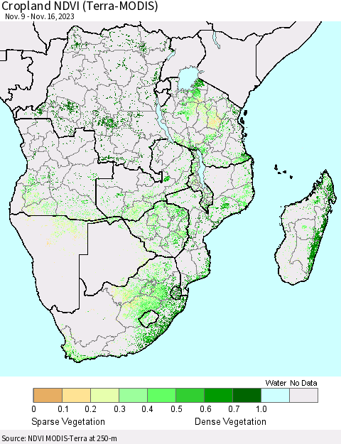 Southern Africa Cropland NDVI (Terra-MODIS) Thematic Map For 11/9/2023 - 11/16/2023