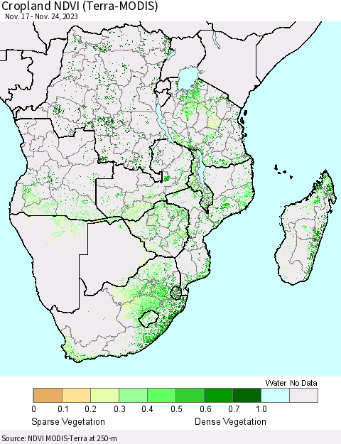 Southern Africa Cropland NDVI (Terra-MODIS) Thematic Map For 11/17/2023 - 11/24/2023