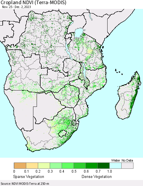 Southern Africa Cropland NDVI (Terra-MODIS) Thematic Map For 11/25/2023 - 12/2/2023