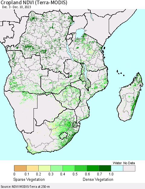 Southern Africa Cropland NDVI (Terra-MODIS) Thematic Map For 12/3/2023 - 12/10/2023