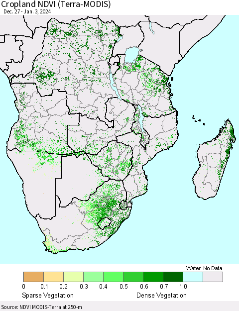 Southern Africa Cropland NDVI (Terra-MODIS) Thematic Map For 12/27/2023 - 1/3/2024