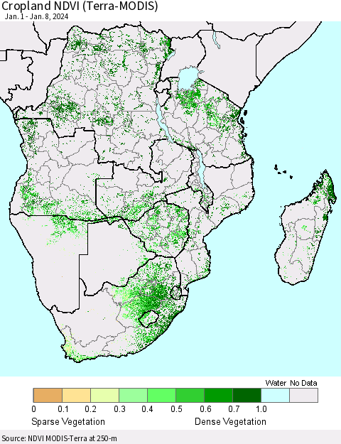 Southern Africa Cropland NDVI (Terra-MODIS) Thematic Map For 1/1/2024 - 1/8/2024