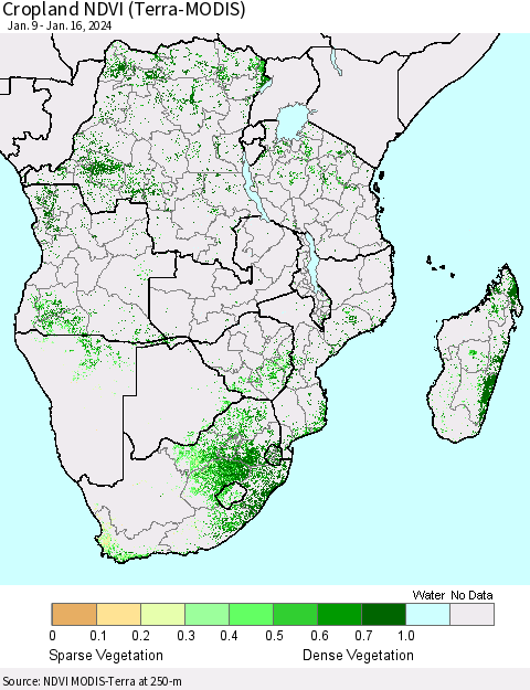 Southern Africa Cropland NDVI (Terra-MODIS) Thematic Map For 1/9/2024 - 1/16/2024