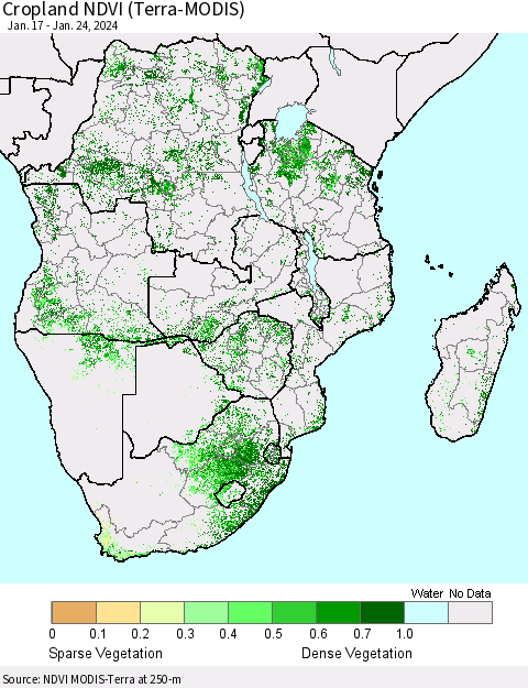 Southern Africa Cropland NDVI (Terra-MODIS) Thematic Map For 1/17/2024 - 1/24/2024