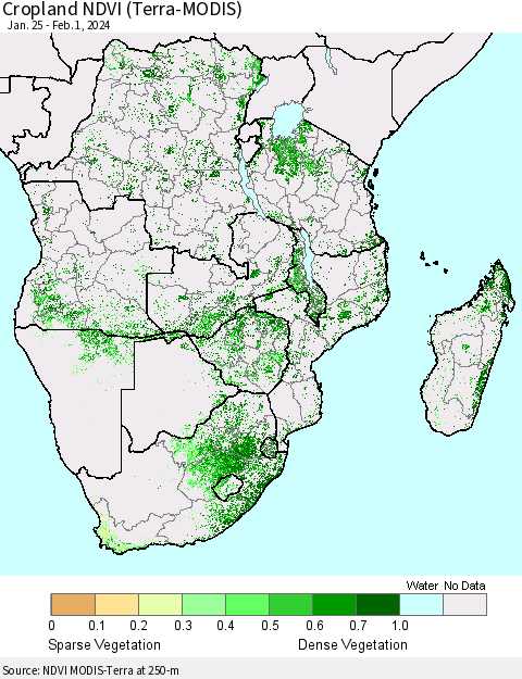 Southern Africa Cropland NDVI (Terra-MODIS) Thematic Map For 1/25/2024 - 2/1/2024