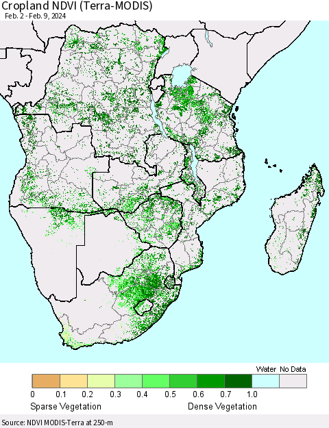 Southern Africa Cropland NDVI (Terra-MODIS) Thematic Map For 2/2/2024 - 2/9/2024