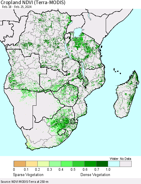 Southern Africa Cropland NDVI (Terra-MODIS) Thematic Map For 2/18/2024 - 2/25/2024