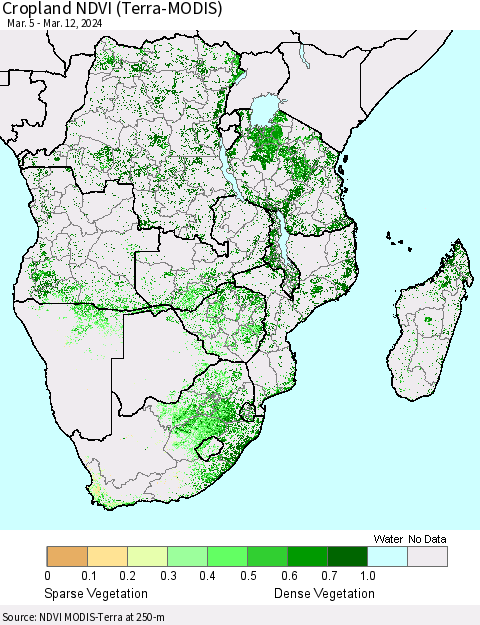 Southern Africa Cropland NDVI (Terra-MODIS) Thematic Map For 3/5/2024 - 3/12/2024