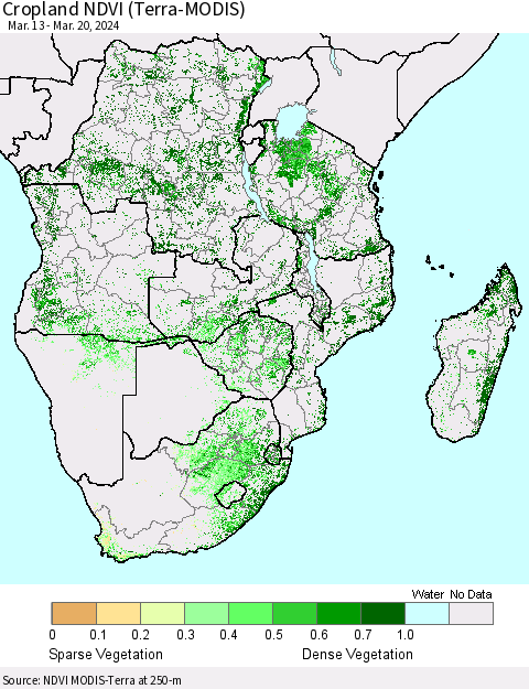 Southern Africa Cropland NDVI (Terra-MODIS) Thematic Map For 3/13/2024 - 3/20/2024