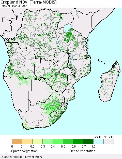 Southern Africa Cropland NDVI (Terra-MODIS) Thematic Map For 3/21/2024 - 3/28/2024