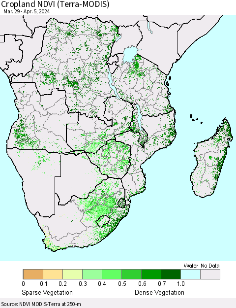 Southern Africa Cropland NDVI (Terra-MODIS) Thematic Map For 3/29/2024 - 4/5/2024