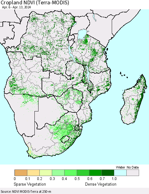 Southern Africa Cropland NDVI (Terra-MODIS) Thematic Map For 4/6/2024 - 4/13/2024