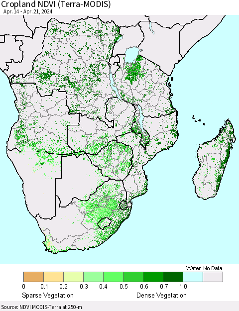 Southern Africa Cropland NDVI (Terra-MODIS) Thematic Map For 4/14/2024 - 4/21/2024