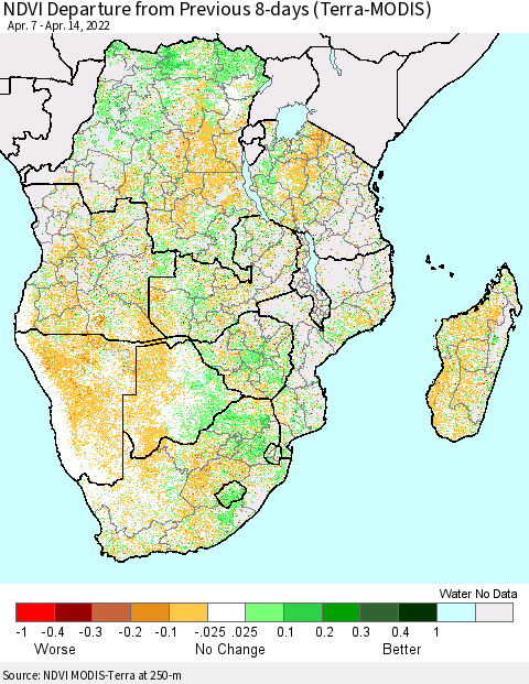 Southern Africa NDVI Departure from Previous 8-days (Terra-MODIS) Thematic Map For 4/7/2022 - 4/14/2022