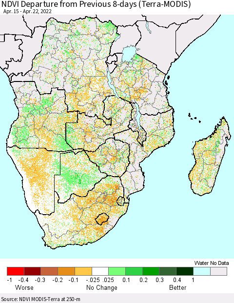 Southern Africa NDVI Departure from Previous 8-days (Terra-MODIS) Thematic Map For 4/15/2022 - 4/22/2022