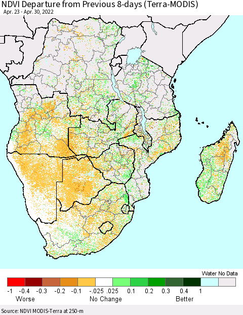 Southern Africa NDVI Departure from Previous 8-days (Terra-MODIS) Thematic Map For 4/23/2022 - 4/30/2022