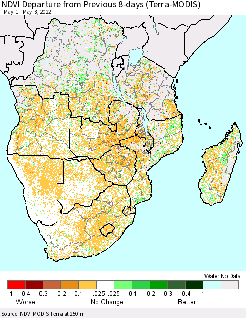 Southern Africa NDVI Departure from Previous 8-days (Terra-MODIS) Thematic Map For 5/1/2022 - 5/8/2022