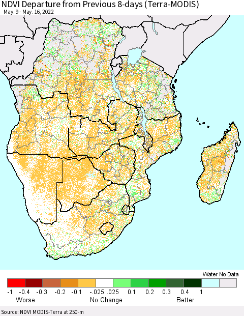 Southern Africa NDVI Departure from Previous 8-days (Terra-MODIS) Thematic Map For 5/9/2022 - 5/16/2022
