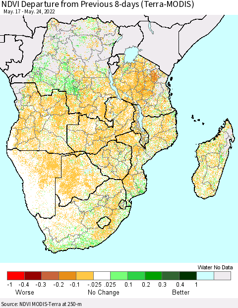 Southern Africa NDVI Departure from Previous 8-days (Terra-MODIS) Thematic Map For 5/17/2022 - 5/24/2022