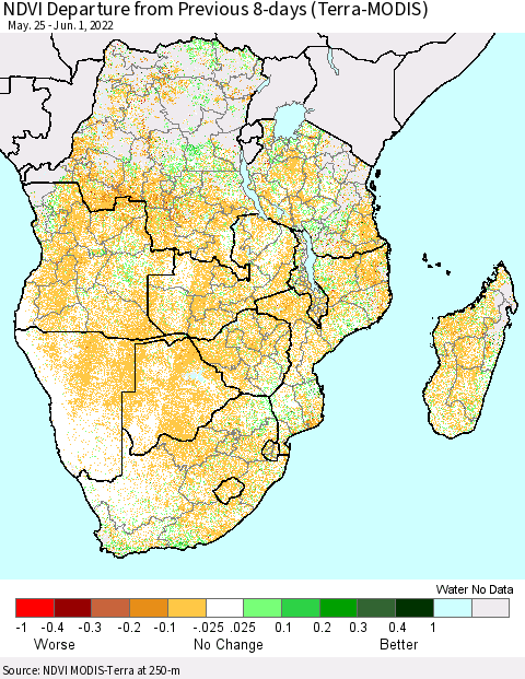 Southern Africa NDVI Departure from Previous 8-days (Terra-MODIS) Thematic Map For 5/25/2022 - 6/1/2022