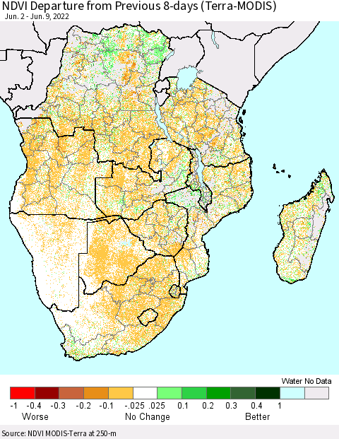 Southern Africa NDVI Departure from Previous 8-days (Terra-MODIS) Thematic Map For 6/2/2022 - 6/9/2022