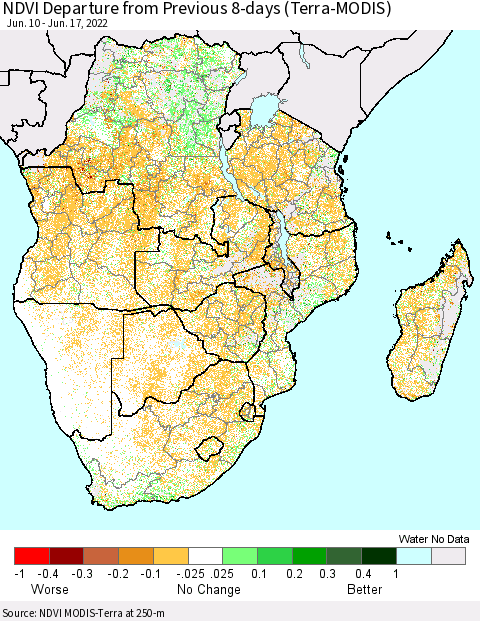 Southern Africa NDVI Departure from Previous 8-days (Terra-MODIS) Thematic Map For 6/10/2022 - 6/17/2022