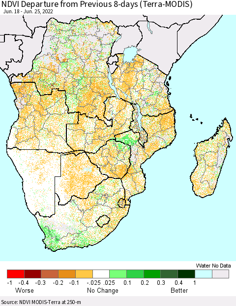 Southern Africa NDVI Departure from Previous 8-days (Terra-MODIS) Thematic Map For 6/18/2022 - 6/25/2022