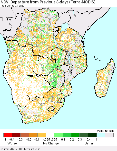 Southern Africa NDVI Departure from Previous 8-days (Terra-MODIS) Thematic Map For 6/26/2022 - 7/3/2022