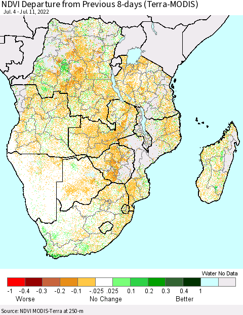 Southern Africa NDVI Departure from Previous 8-days (Terra-MODIS) Thematic Map For 7/4/2022 - 7/11/2022
