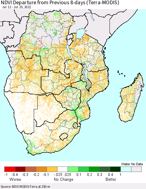 Southern Africa NDVI Departure from Previous 8-days (Terra-MODIS) Thematic Map For 7/12/2022 - 7/19/2022