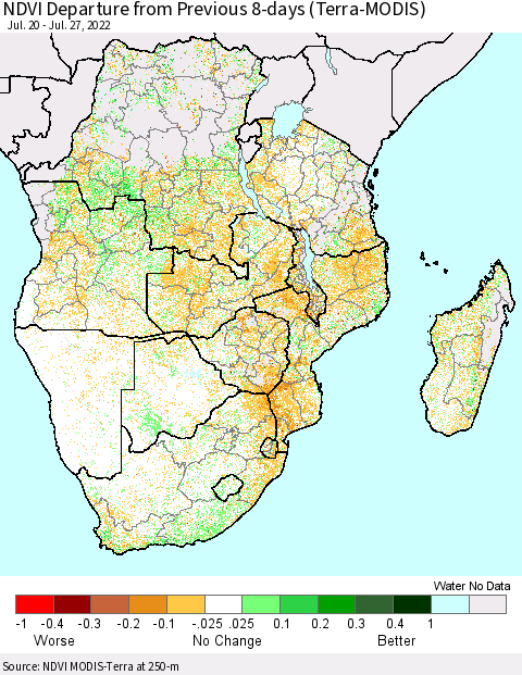 Southern Africa NDVI Departure from Previous 8-days (Terra-MODIS) Thematic Map For 7/20/2022 - 7/27/2022
