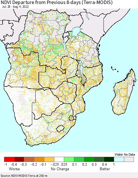 Southern Africa NDVI Departure from Previous 8-days (Terra-MODIS) Thematic Map For 7/28/2022 - 8/4/2022