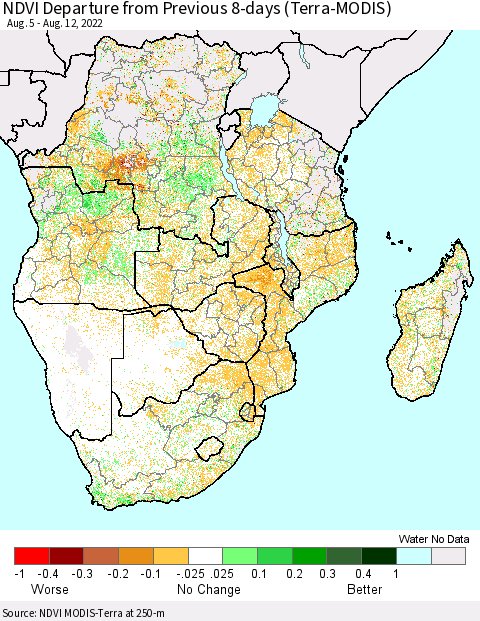 Southern Africa NDVI Departure from Previous 8-days (Terra-MODIS) Thematic Map For 8/5/2022 - 8/12/2022