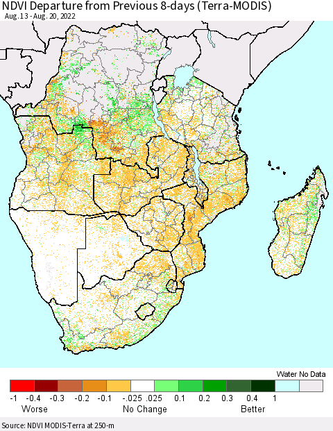 Southern Africa NDVI Departure from Previous 8-days (Terra-MODIS) Thematic Map For 8/13/2022 - 8/20/2022
