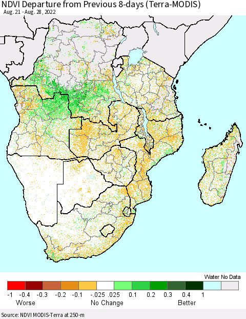 Southern Africa NDVI Departure from Previous 8-days (Terra-MODIS) Thematic Map For 8/21/2022 - 8/28/2022