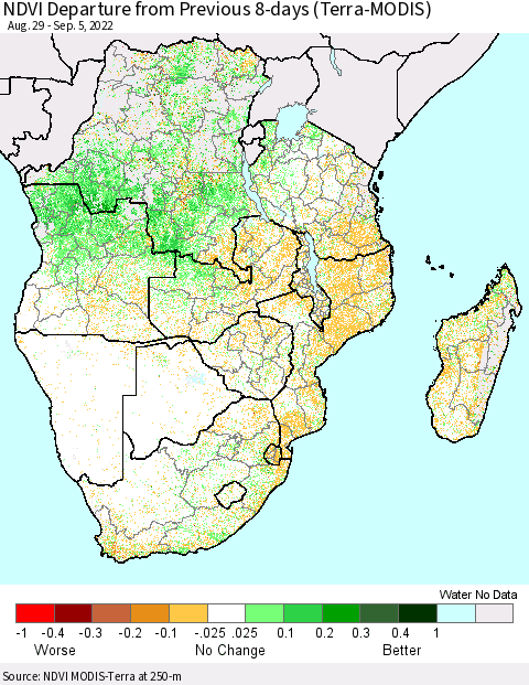 Southern Africa NDVI Departure from Previous 8-days (Terra-MODIS) Thematic Map For 8/29/2022 - 9/5/2022