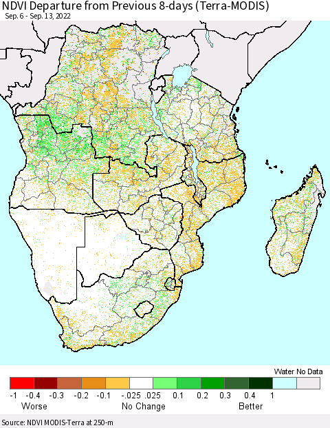 Southern Africa NDVI Departure from Previous 8-days (Terra-MODIS) Thematic Map For 9/6/2022 - 9/13/2022