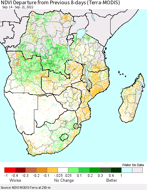 Southern Africa NDVI Departure from Previous 8-days (Terra-MODIS) Thematic Map For 9/14/2022 - 9/21/2022