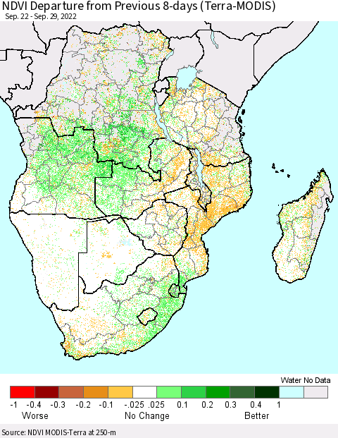 Southern Africa NDVI Departure from Previous 8-days (Terra-MODIS) Thematic Map For 9/22/2022 - 9/29/2022