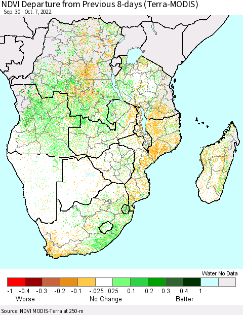 Southern Africa NDVI Departure from Previous 8-days (Terra-MODIS) Thematic Map For 9/30/2022 - 10/7/2022