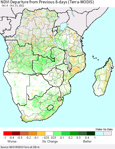 Southern Africa NDVI Departure from Previous 8-days (Terra-MODIS) Thematic Map For 10/8/2022 - 10/15/2022