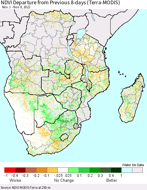 Southern Africa NDVI Departure from Previous 8-days (Terra-MODIS) Thematic Map For 11/1/2022 - 11/8/2022
