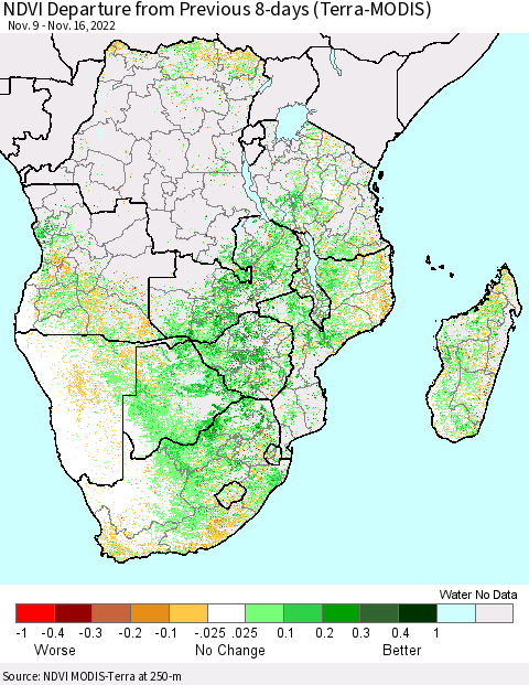Southern Africa NDVI Departure from Previous 8-days (Terra-MODIS) Thematic Map For 11/9/2022 - 11/16/2022
