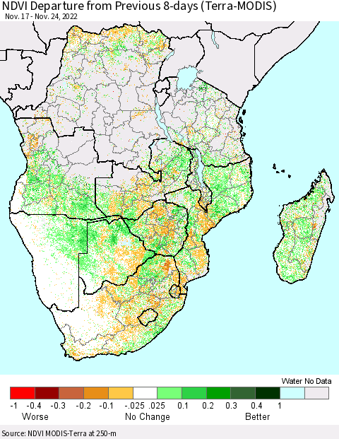 Southern Africa NDVI Departure from Previous 8-days (Terra-MODIS) Thematic Map For 11/17/2022 - 11/24/2022