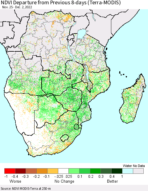 Southern Africa NDVI Departure from Previous 8-days (Terra-MODIS) Thematic Map For 11/25/2022 - 12/2/2022
