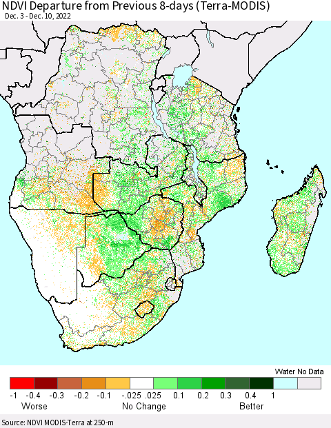 Southern Africa NDVI Departure from Previous 8-days (Terra-MODIS) Thematic Map For 12/3/2022 - 12/10/2022
