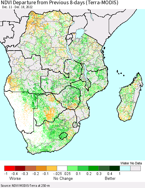 Southern Africa NDVI Departure from Previous 8-days (Terra-MODIS) Thematic Map For 12/11/2022 - 12/18/2022