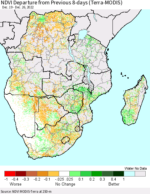 Southern Africa NDVI Departure from Previous 8-days (Terra-MODIS) Thematic Map For 12/19/2022 - 12/26/2022