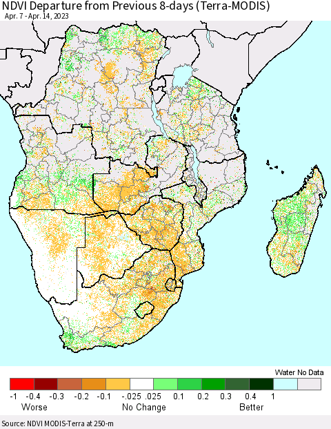 Southern Africa NDVI Departure from Previous 8-days (Terra-MODIS) Thematic Map For 4/7/2023 - 4/14/2023
