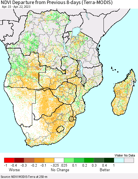 Southern Africa NDVI Departure from Previous 8-days (Terra-MODIS) Thematic Map For 4/15/2023 - 4/22/2023